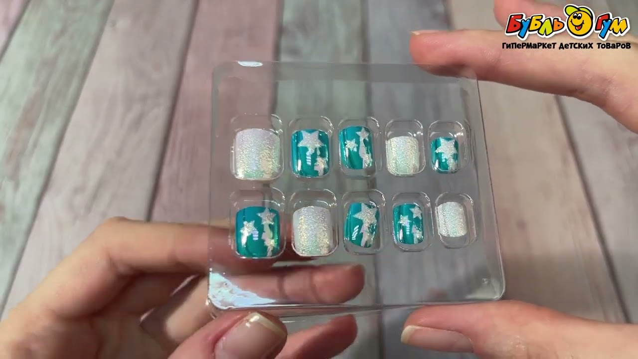 Ногти накладные LUKKY бело-бирюзовые со звездами - видео