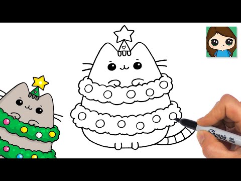 How to Draw Pusheen Cat Christmas Tree 🎄