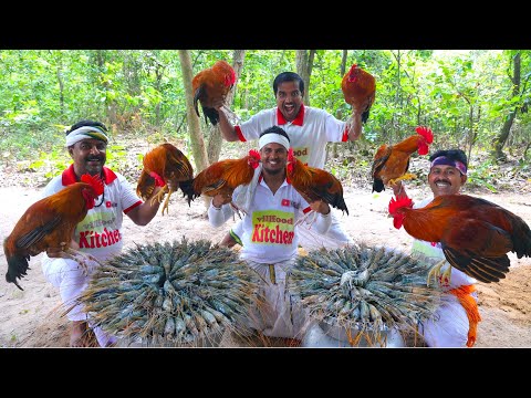 Golda Chingri & Red Patnai Chicken curry with Fried rice cooking for village people