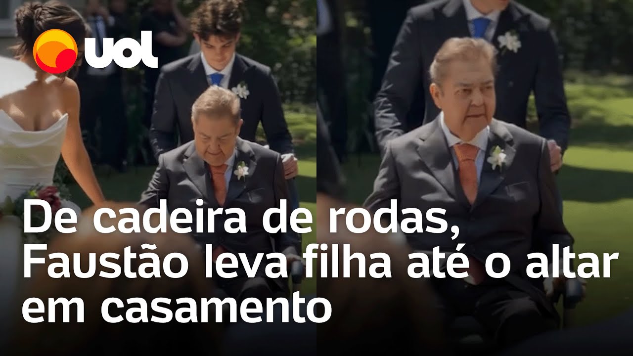 Faustão surge de cadeira de rodas no casamnento da filha Lara Silva com Julinho Casares veja vídeo