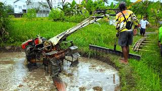The Process of Hand Tractor Leveling the Land After Being Plowed Using a Leveler Attachment