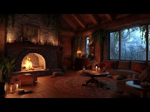 Cabin Ambience On A Quiet Night With Rain Falling | Crackling Fire, Thunder, Rain on Window