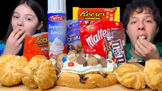ASMR APPLE PIE WITH WHIPED CREAM & CHOCOLATE CANDY BARS (MALTESERS, REESE'S, MILKA) MUKBANG EATING