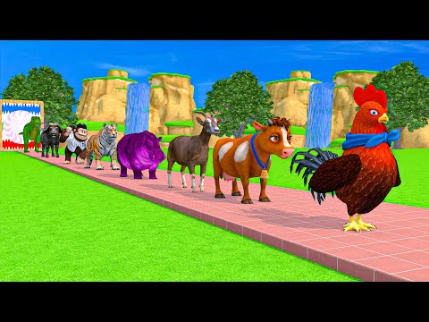 Paint & Animals Cow,Gorilla,Elephant,Lion,Tiger,Dinosaur, Fountain Crossing Transformation Cartoon