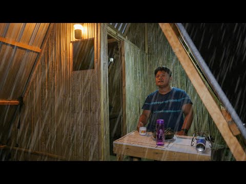 24 Hours in a Tiny Cabin During Heavy Rain and Storm | Solo Camping Adventure