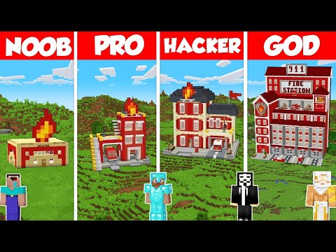 Fire Station Build Battle Challenge - Noob vs Pro vs Hacker vs God - Minecraft Animation