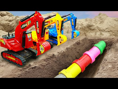 Sand excavator, dump truck carrying soil for water pipeline construction - BHDV Car Toys