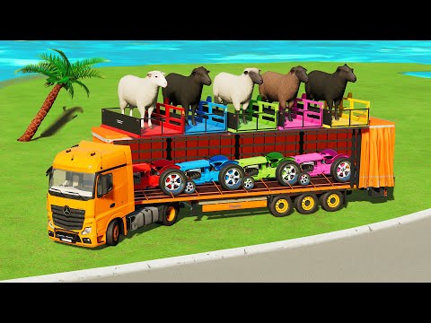 TRANSPORTING SHEEPS & MINI PORSCHE TRACTORS vs PORTAL TRAP! PARKOUR COLORS - Farming Simulator 22