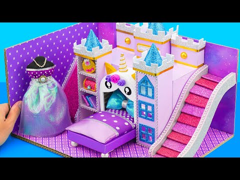 DIY Miniature House #81 Build Purple Castle in Unicorn Style with Cute Princess Dress From Cardboard