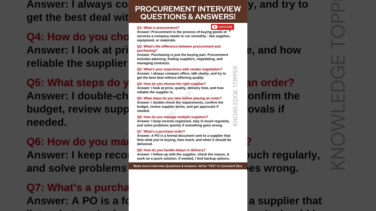 Procurement Interview Questions and Answers | Procurement Job Interview Questions and Answers | 30.04.2025

In this video, Faisal Nadeem shared 8 most important procurement interview questions and answers or procurement job interview ...