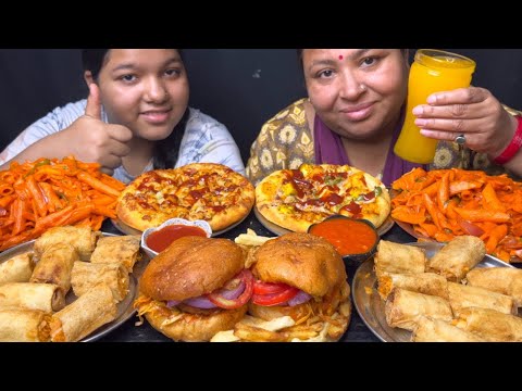 Eating 🤤🤤Burger, Paneer Pizza, Veg Burger, Spring Roll, Red Sauce Pasta  I Italian Food Foodie Gd