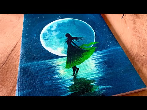 Full Moon Acrylic Painting/ Girl Dancing in the Full Moonlight Painting/ Full Moon Drawing