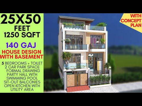 25x50 | 1250 Sqft, 5 BHK House Design with Semi Basement | Pool & Party Hall | 140 Gaj | ID-231