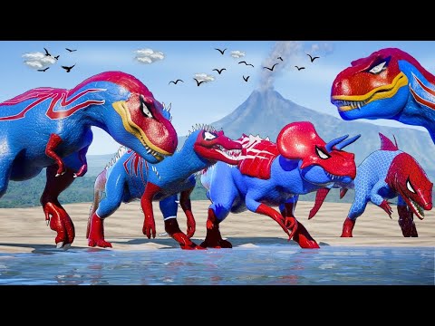 All Spiderman T-Rex vs SuperHero Dinosaurs Battle in Jurassic World| Dinosaur Pro 8 SuperHero Team