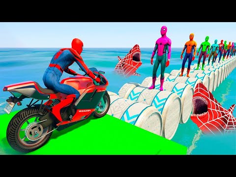 GTA V Superhero on a motorcycle against colored Spiders with sharks