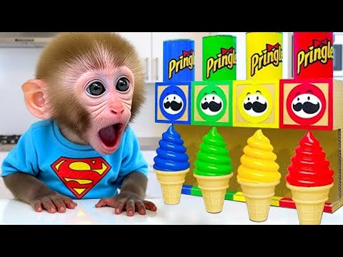 Monkey Baby Bon Bon eats rainbow ice cream with duckling in the pool and cleans the toilet