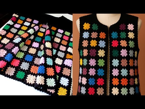 A great Waistcoat with a square pattern from leftover yarn! Crochet square motif