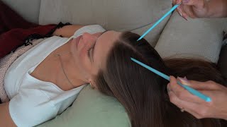 ASMR Scalp Check, Parting, Hair Play, Scalp Tingles on My Sister (Whisper)