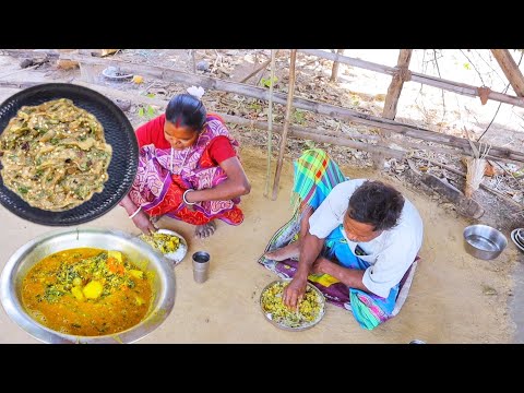 Brinjal vorta and egg palong curry cooking & eating by tribe old couple