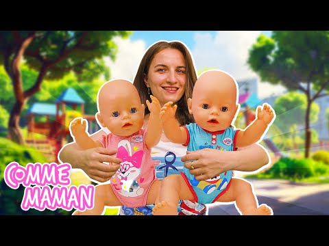 Les poupées Baby Born Emily et Leo jouent dehors. Faisons le toboggan ensemble !