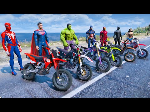 Spiderman and Motorcycle with Superheroes - Colorful Plank Trap Bridge - Ramp Race
