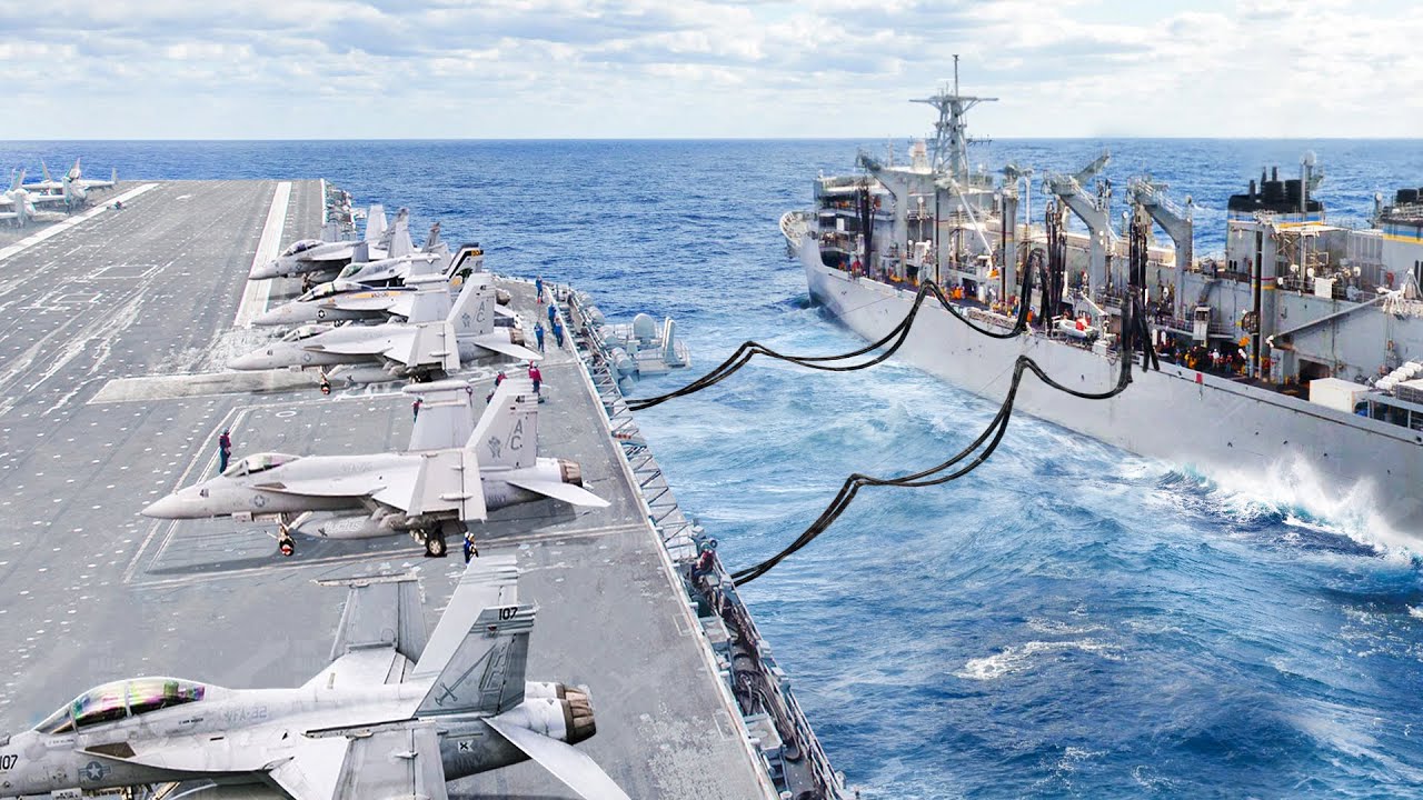 US Aircraft Carrier Massive Refueling Operation In Middle of the Ocean