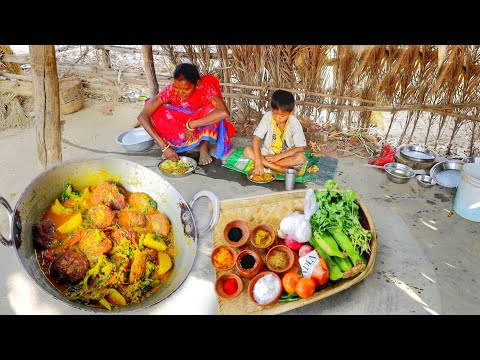 Raw banana kofta curry with Brocauli cooking and eating with hot rice by santali tribe grandmaa