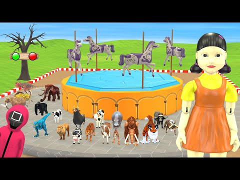 Animals Plays Squid Game Round and Round Mingle Game Song with Cow vs Gorilla vs Tiger vs Elephant