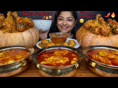 SPICY MUTTON FAT CURRY WITH CHICKEN BIRYANI IN PUMPKIN, VEGETABLE RAITA & GULAB JAMUN | ASMR MUKBANG