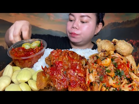 Mantap Ayam krispy sambal geprek jengkol muda,tumis jamur kemangi,tahu goreng sambal terasi Mukbang