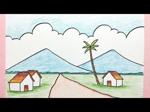 Cara menggambar pemandangan gunung dan rumah - How to draw scenery