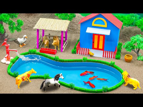 Fun Farm Animal Figurines in Red Barn Playsets | mini hand pump supply water for animals