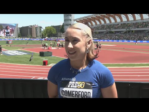 Orla Comerford after victory in 100m Para Mixed Race at Pre Classic Diamond League