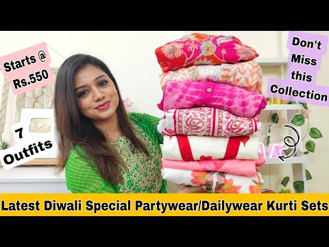 😃 Latest Diwali Special Kurti Set Haul| Partywear Kurti Set Haul|❤️ Dailywear Cotton Kurti Set Haul