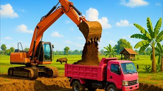 Excavator, Dump Truck, and Tractor Build a House in the Middle of a Rice Field!
