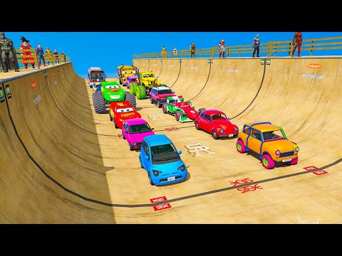 GTA 5 Rainbow Spiderman Pixar car vs monster truck challenge on Mega ramp Video #1