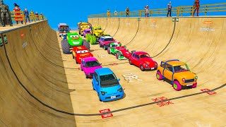 GTA 5 Rainbow Spiderman Pixar car vs monster truck challenge on Mega ramp Video #1
