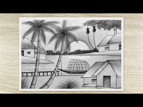 Beautiful Sunrise Nature Scenery Drawing with Pencil, Pencil Sketch for Beginners