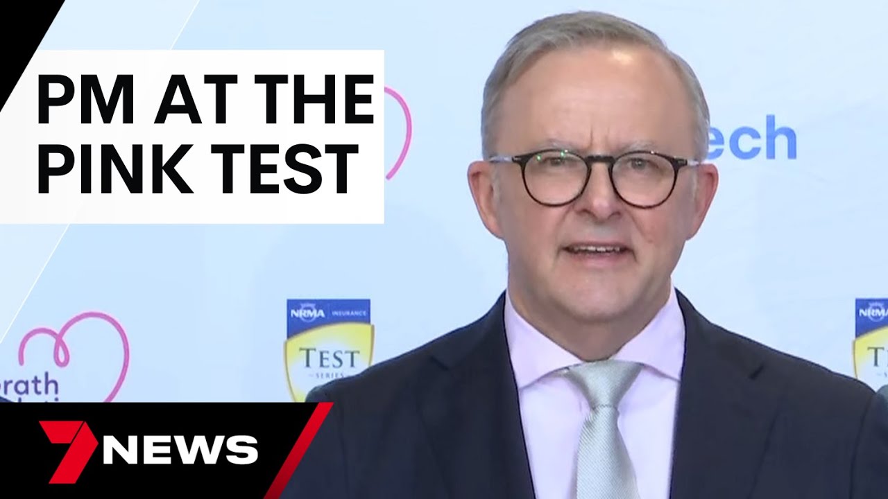 Anthony Albanese speaks on Jane McGrath Day at the 2024 Pink Test in Sydney |