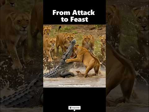 Massive Crocodile Attacks‼️ Lionesses Turn It Into a Feast #lion #crocodile