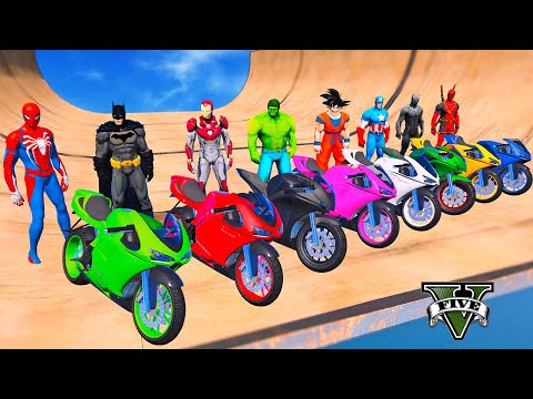 SPIDERMAN RACING Motorbikes Stunts CHALLENGE on Beach Mega Ramp with Superheroes Cars, Trucks Racing