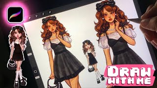 Drawing Everskies Character in my style 🐼| Cute Black Aesthetic Girl 🖤| Cozy ipad Draw with me
