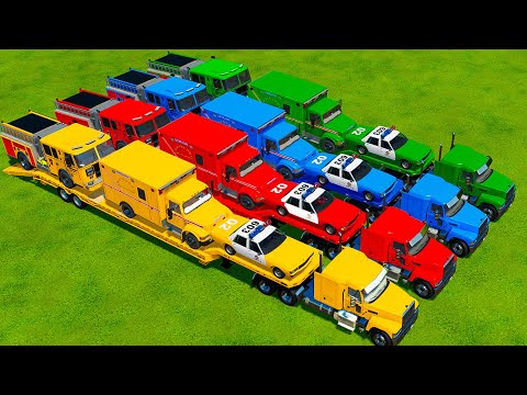 TRANSPORTING POLICE CARS, AMBULANCE & FIRE ENGINES WITH MERCEDES TRUCKS! Farming Simulator 22