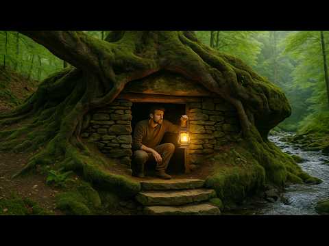 Built a Hidden Shelter Under Tree Roots for Survival