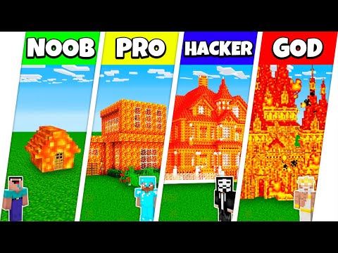 Minecraft Battle: NOOB vs PRO vs HACKER vs GOD: LAVA BLOCK HOUSE BASE BUILD CHALLENGE / Animation