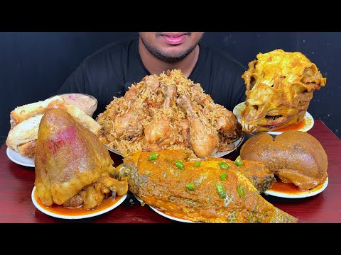 ASMR: Eating Chicken Biriyani, Beef Huart Curry, Fish Curry, Full Mutton Liver with Rice Mukbang