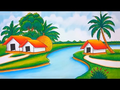 How to draw scenery of river side Village Step by step easy/ riverside village scenery drawing