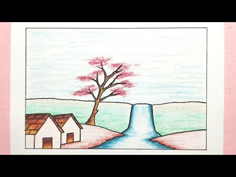 Cara menggambar pemandangan air terjun - How to draw waterfall scenery