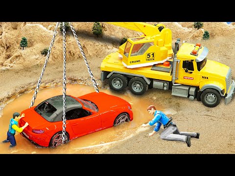 Excavator, Crane, Road Roller - Rescue yellow sports car from dangerous deep hole | HP Diy Farm