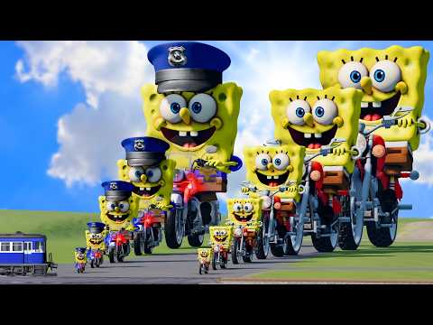 Big & Small SpongeBob Policeman on a motorcycle vs Big & Small SpongeBob on a motorcycle vs Trains